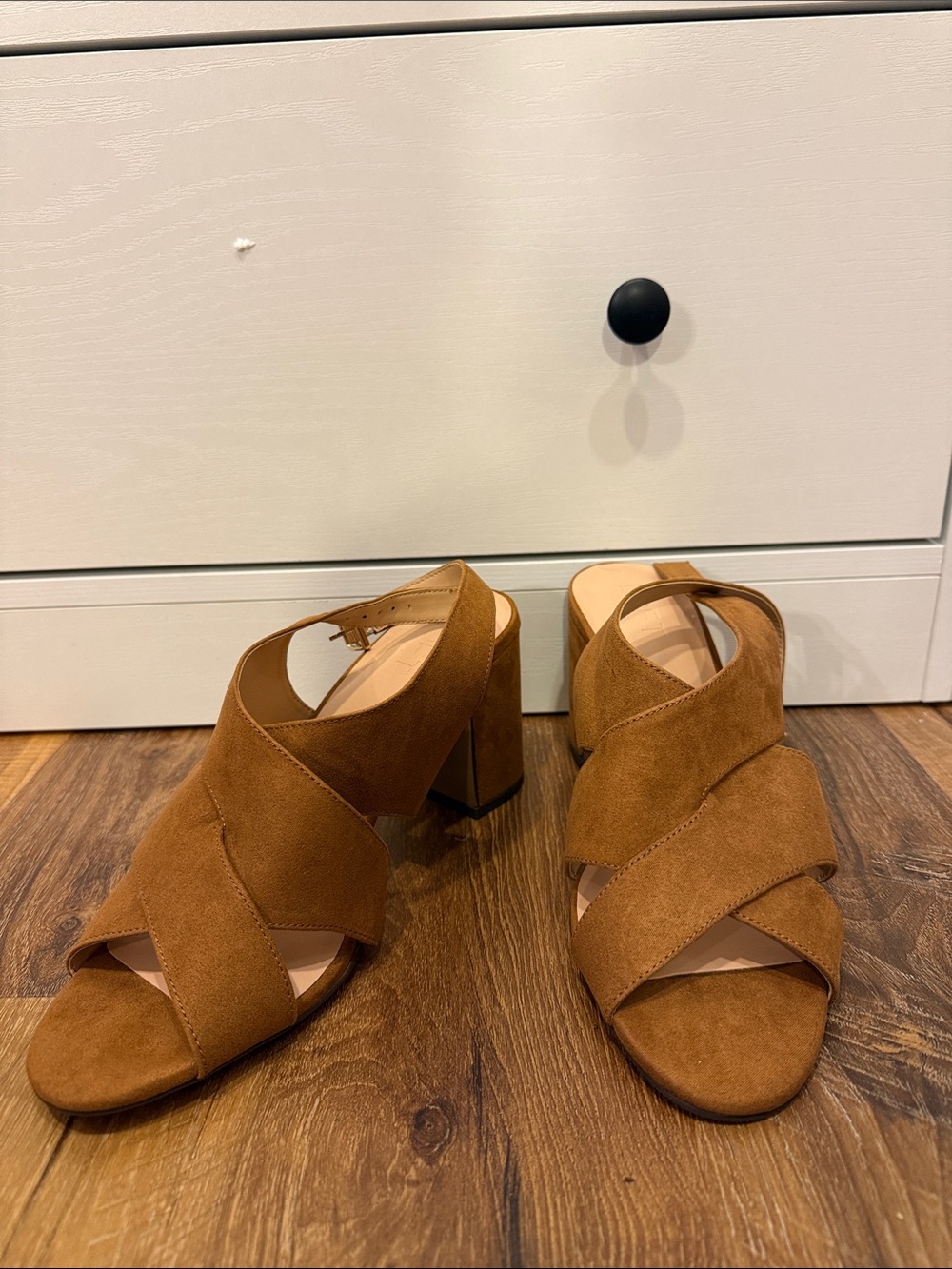 LOFT Cognac Suede Crisscross Block Heel Sandals